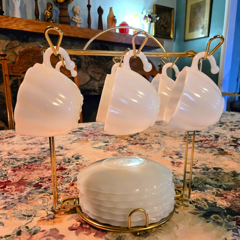 Milk Glass Tea Set with Gold Stand
